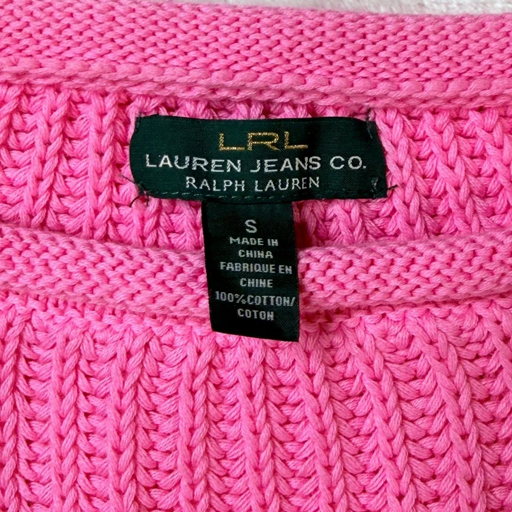 Lauren Ralph Lauren Hot Pink Ribbed Cotton Knit Sweater 3/4 Sleeve Small